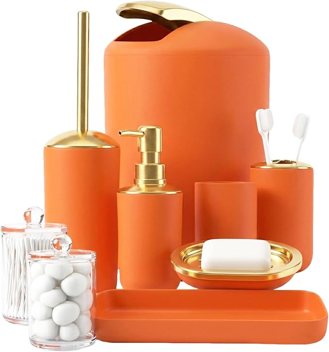 BSSN Orange Bathroom Accessories Set, Luxurious 9-Piece Bath Decor Set with Trash Can, Toilet Brush, Gold Pump Soap Dispenser, Multi-Slot Toothbrush Holder, Qtip Jars, Vanity Tray and Tumbler Cup