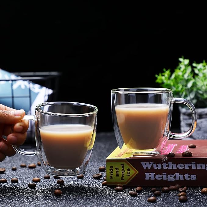 CNGLASS Insulated Espresso Glass Mugs 5.4oz/160ml, Small Clear Coffee Mugs Set of 6, Double Wall Glass Cups with Handle for Tea and Macchiato