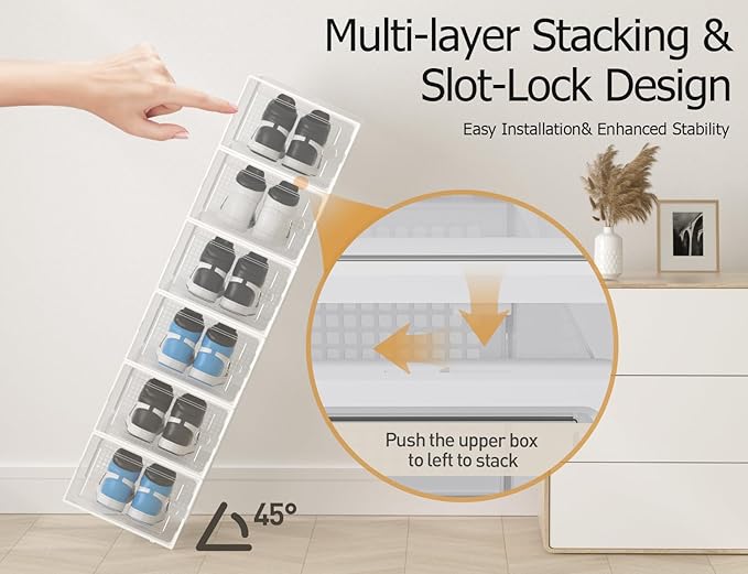Kuject XX-Large Shoe Storage Boxes Organizers Clear Plastic Stackable 12 Pack, Shoe Rack & Holder Substitute, Sneaker Containers, Shoe Storage Organizer Bins for Closet, Under Bed,White(No Fold Line)