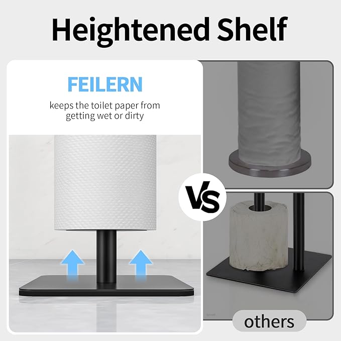 FEILERN Toilet Paper Holder Stand for Bathroom Floor Standing Toilet Roll Dispenser Storages 4 Reserve Rolls, with Top Storage Shelf for Cell Phones, Wipe, Wallet and More(Black)