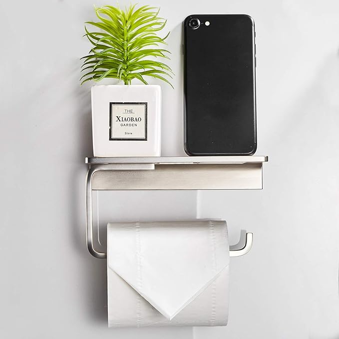 Toilet Roll Paper Holder Bathroom Solid Brass and Superior Hotel Style Wall Mount Tissue Roll Holder with Phone Shelf Brushed Nickel Finished