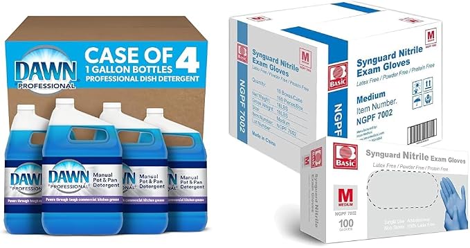 Dawn Professional Dishwashing Liquid Soap Detergent & Basic Medical Blue Nitrile Exam Gloves - Latex-Free & Powder-Free - NGPF-7002 (Case of 1,000), Medium
