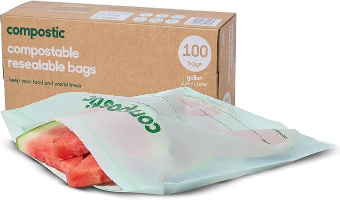 Compostic Compostable Gallon Bags (100 Count) Bulk Pack — Resealable Zip-Seal, Plant-Based, Home Compostable, Freezer Safe, BPA-Free, Non-Toxic, GMO-Free Food Storage Bags