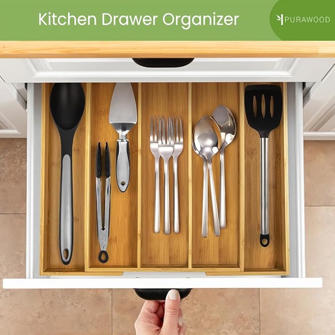 Purawood Kitchen Drawer Organizer, 2 Pack - Expandable Utensil Drawer Organizer for Kitchen, Cutlery Tray & Silverware Organizer, 3-5 Slots - Bamboo Organizer for Utensils & Flatware (Natural)
