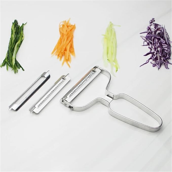3-in-1 Stainless Steel Peeler with Interchangeable Blades – Vegetable Fruit Potato Peeler, Julienne Slicer, Grater with Serrated Blade – Swivel Self‑Adjusting Head, Dishwasher Safe Kitchen Tool(1pc)
