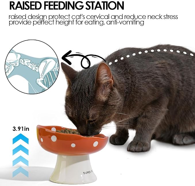 Red and Orange Mushroom Cat Bowl Set, 2PCS Elevated Ceramic Bowls for Cats | Cute Mushroom Set, Elevated, Ceramic, Whisker Friendly, Multi-Cat
