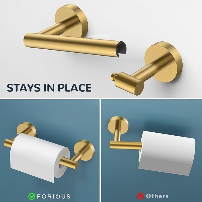 FORIOUS Bathroom Hardware Accessories Set, SUS304 Stainless Steel Towel Bar Set, Modern Towel Racks Holder for Bathroom, Toilet Paper Holder Wall Mounted 4 Pieces(18" Bar, Brushed Gold)