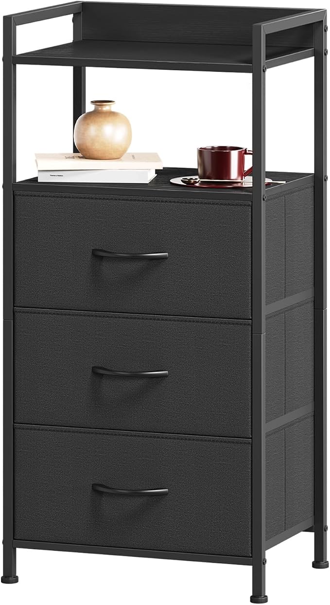 Somdot Nightstand with 3 Drawers, Dresser with Fabric Bins for Bedroom, Hallway, Entryway, Night Stand Bedside Table Furniture, Sturdy Steel Frame, Wooden Top, Easy Pull Fabric Bins, Black