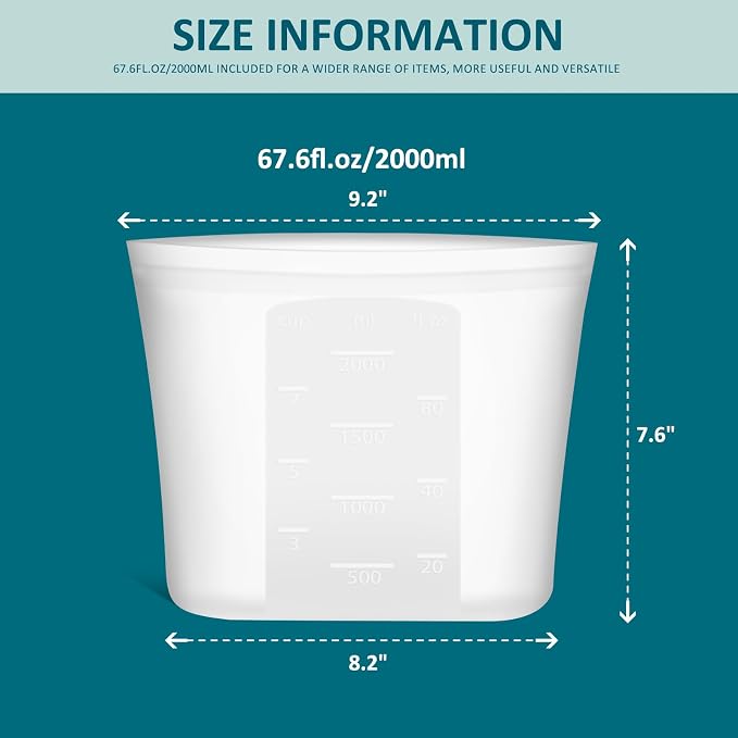 Large Reusable Silicone Food Storage Bags 4 Pack, 0.5 Gallon/2000ml, 100% Silicone Stand-Up Wide-Open Zip-Lock Reusable Bags for Large Items, Microwave Freezer Oven Dishwasher Safe, Translucent