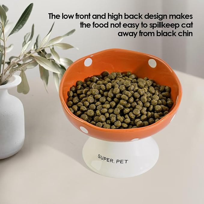 Red and Orange Mushroom Cat Bowl Set, 2PCS Elevated Ceramic Bowls for Cats | Cute Mushroom Set, Elevated, Ceramic, Whisker Friendly, Multi-Cat