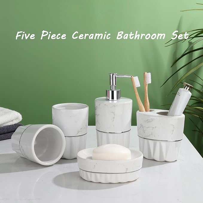 Soap Dispenser Set White, Set of 5 Bathroom Accessories, with 2 Toothbrush Cups, Soap Dish, Toothbrush Cup, Ceramic Soap Dispenser, for Bathrooms, Apartments, Dormitories,Marble White