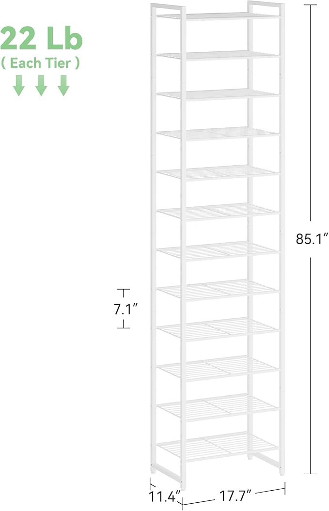 Nunsino Narrow Shoe Rack, 12-Tier Metal Shoe Organizer,Tall Shoe Shelf with Anti-Tip Strap, Max Holds 24 Pairs,Space Saving for Closet,Entryway,White
