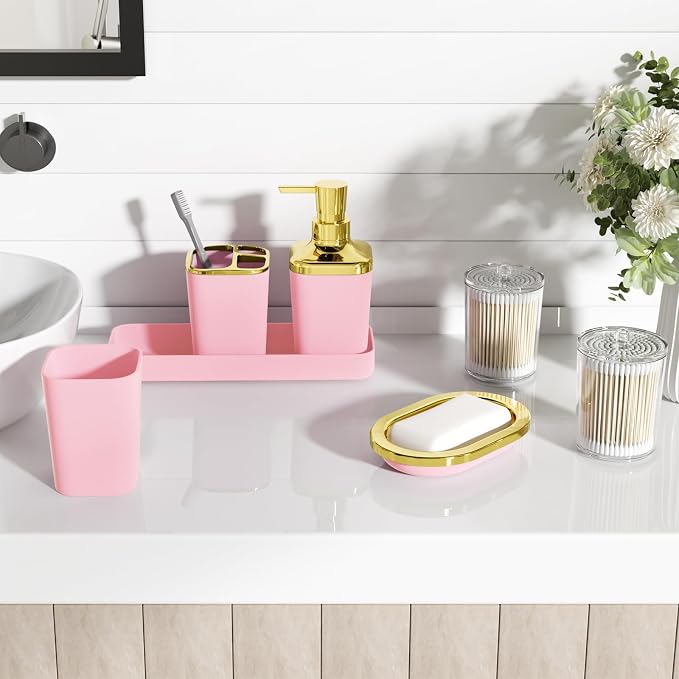 XLHOMO Bathroom Set, 9PC Bathroom Accessory Set, Pink Bathroom Accessories, Pink Bathroom Set, Trash Can, Soap Dispenser for Home Decor
