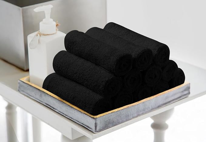 Avalon Towels Salon Towel - Black Hand Towels Bulk Pack of 24 - 100% Cotton Absorbent Spa, Facial & Gym Towel for Working Out - 16x27 Inches (Not Bleach Proof)