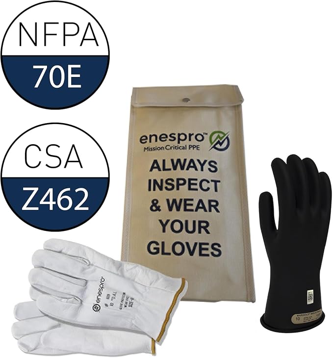 Enespro Class 00 Insulated Electrical Gloves Kit, 500V AC/750V DC, Size 9 | ASTM D120 and NFPA 70E Rubber Glove Set with Leather Protectors and Storage Bag for Power Crews and Utility Workers, Black