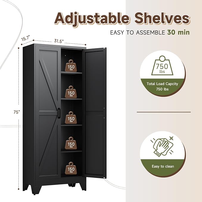 75" H Metal Storage Cabinet with 2 Doors and 4 Shelves,Tall Kitchen Pantry Cabinets,Farmhouse Utility Pantry Organizers for Cupboard/Dining/Bathroom/Home Office/Garage Room,Black