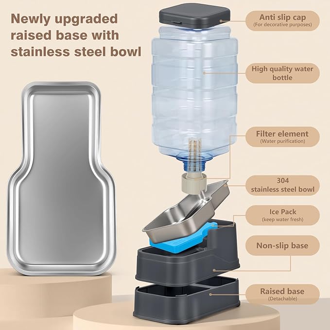 2.2 Gallon Pet Automatic Dog Water Dispenser Cat Gravity Waterer Feeder with Stainless Steel Bowl 8L Large Capacity Puppy Feeding Raised Bowls with Filter,Ice Pack (Charcoal Gray, 8L(2.2 Gallon))