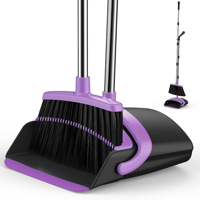 Broom and Dustpan Set for Home, 51-in Long Adjustable Handle Angle Broom and Dustpan Combo Set with Dust Pan Teeth to Clean Hair for Home Kitchen Office Lobby Floor Garden (Black&Purple)