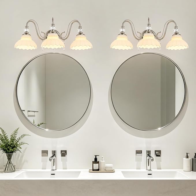 Brushed Nickel Bathroom Vanity Light, 3-Light Nickel Finish Wall Sconce with Hanging Crystal Accents and Flower-Shaped White Glass Shades, Modern Wall Mount Vanity Light Over Mirror for Bathroom