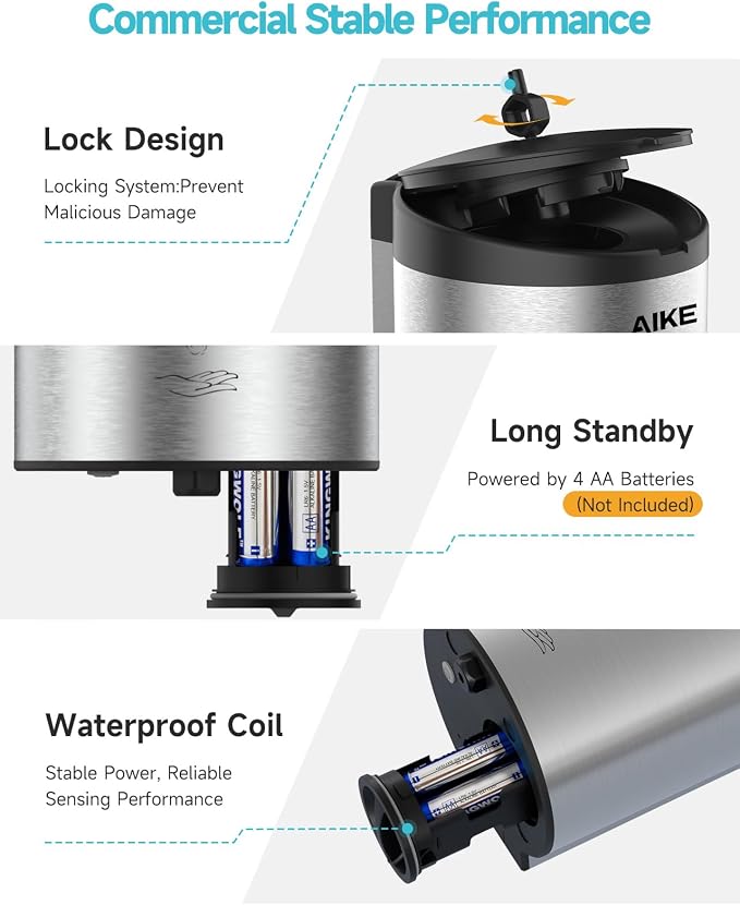 AIKE Automatic Foam Soap Dispenser 25oz for Bathroom,Brushed Steel AK1205FA | Rich Foam and Stainless Steel,No-drill and Screw Wall Mount,5-Level Adjustable and Key for Commercial(Batteries Not Included)
