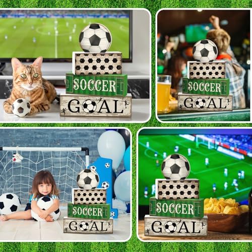 Moucuny 4 Pcs Soccer Table Decorations Farmhouse Soccer Wooden Block Signs