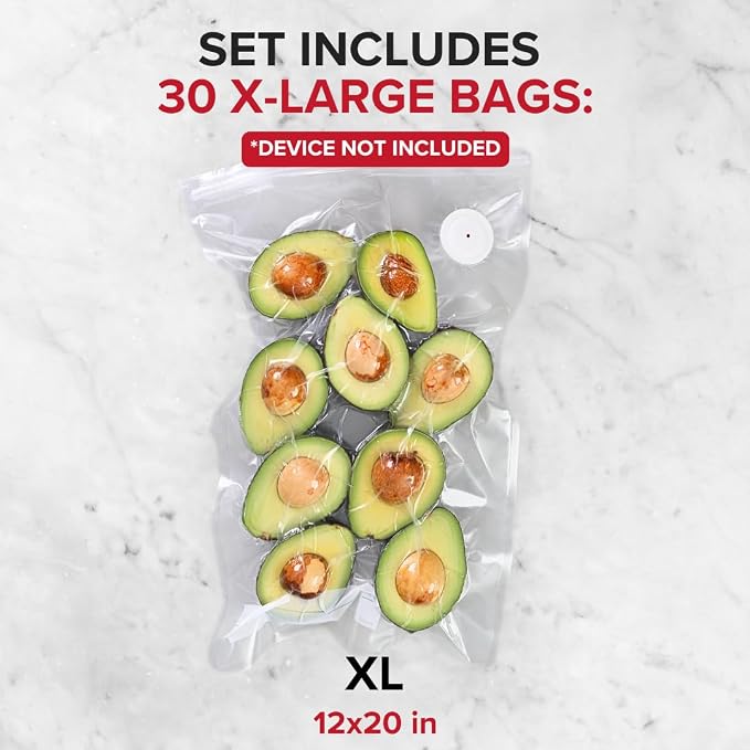 Chef Preserve Reusable Vacuum Sealer Bags for Food - 30 BPA-Free XL Large (12 x 20 in) Food Storage Bags, Freezer, Microwave - Odor-Resistant, Leak-Proof - Compatible with Chef Preserve Vacuum Sealers
