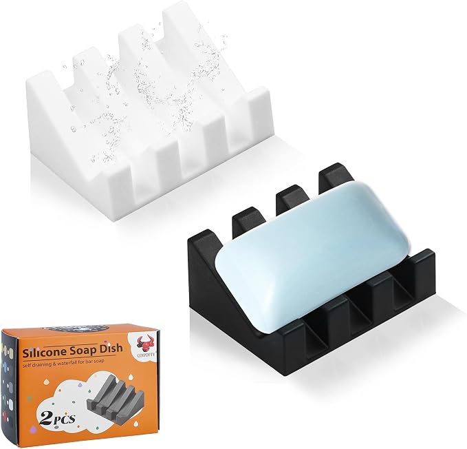 Self Draining Soap Dish Holder,Silicone Soap Dish,for Bathroom,Kitchen, Sponges，Can Extend Soap Life，Keep Soap Bars Dry and Easy Cleaning (Black+White,2-Pack)