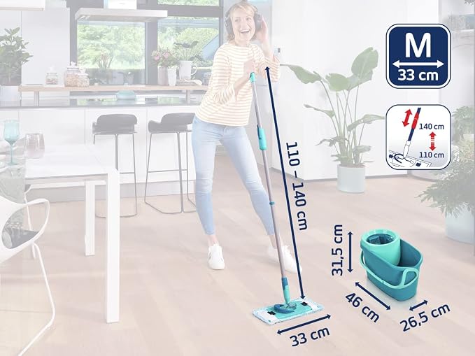 Leifheit Clean Twist Ergo 2.0 Flat Mop Set with Power Cleaner, Floor Mop with Microfibre Cover for Mist Cleaning on Laminate and Tiles, Mop with Spin Technology