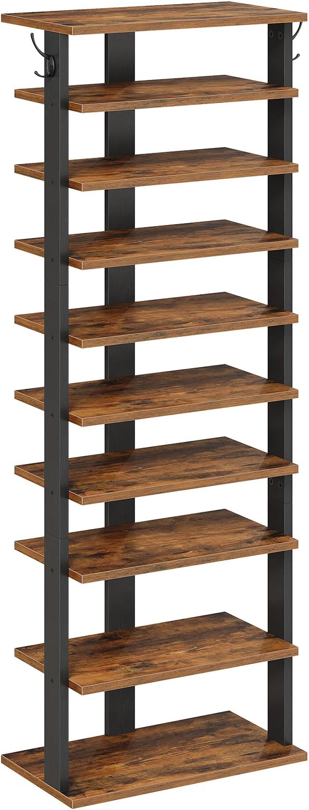 HOOBRO 10 Tiers Vertical Shoe Rack, Wooden Shoe Storage Organizer with Hooks, Narrow Shoe Tower for 20 Pairs, Space Saving, for Entryway, Living Room, Bedroom, Rustic Brown FG140XJ01