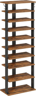 HOOBRO 10 Tiers Vertical Shoe Rack, Wooden Shoe Storage Organizer with Hooks, Narrow Shoe Tower for 20 Pairs, Space Saving, for Entryway, Living Room, Bedroom, Rustic Brown FG140XJ01