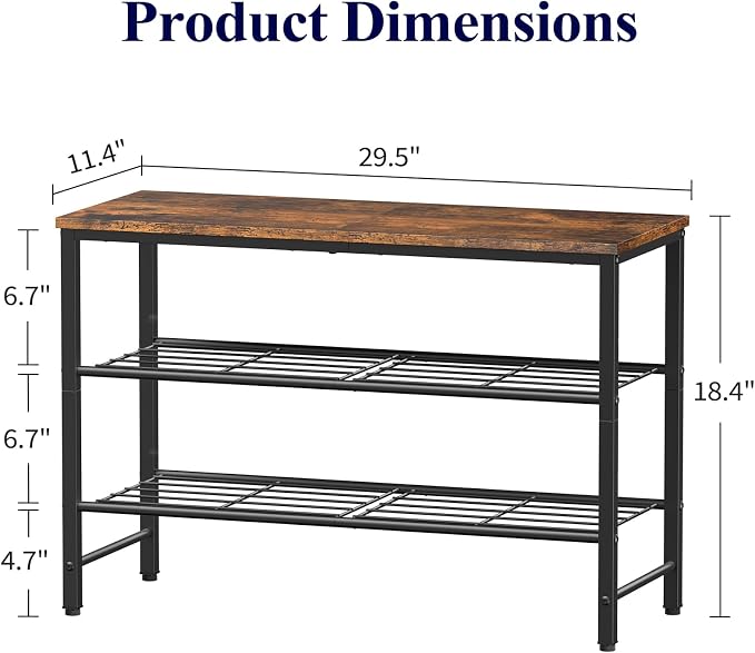 Kitsure Shoe Rack for Closet, Rustic Brown Shoe Organizer with Leveling Feet, Sturdy & Rust-Proof Shoe Storage for Entryway, Bedroom, Living Room, 29.5" x 11.4" x 18.4", Brown