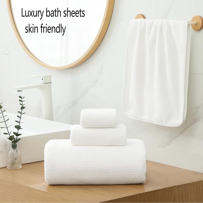 YTYC 39x78 Bath Sheets Set,Towels for Bathroom,White,6-Pieces | 2 Extra Large Bath Towels, 2 Hand Towels, 2 Washcloths, Super Soft,Highly absorbent,Hanging Loop,80% Polyester
