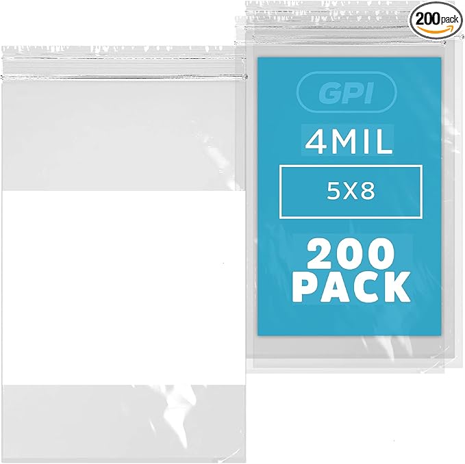 GPI - 5" x 8" - Bulk Pack of 200, 4 Mil Thick, Heavy Duty, Clear Plastic Reclosable Zip Bags, With Write-on White Block for Labeling, Strong & Durable Poly Baggies With Resealable Zipper Top Lock.