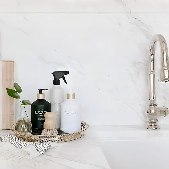 L'AVANT Collective Luxury Home Essentials | High Performing Dish Soap, Hand Soap, Multipurpose Cleaner Spray, Scrub Brush, Lucite Tray | Luxurious Ingredients Reusable Bottles (Fresh Linen)