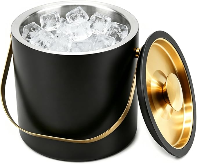 Anvin 3L Double Wall Stainless Steel Ice Bucket with Tongs, Scoop & Ice Strainer Insulated Cocktail Chiller Champagne Holder Bar Side Accessory for Parties, BBQs, Weddings (Black)