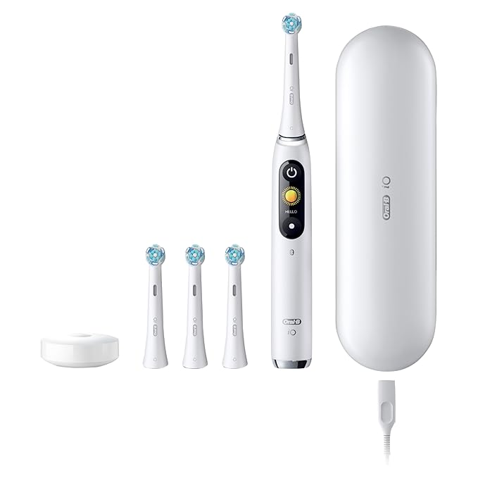 Oral-B Rechargeable Electric Toothbrush, iO9 Genius, 7 Cleaning Modes, Interactive Display, Charging Travel Case, Visible Pressure Sensor, 4 Brush Heads, White Alabaster