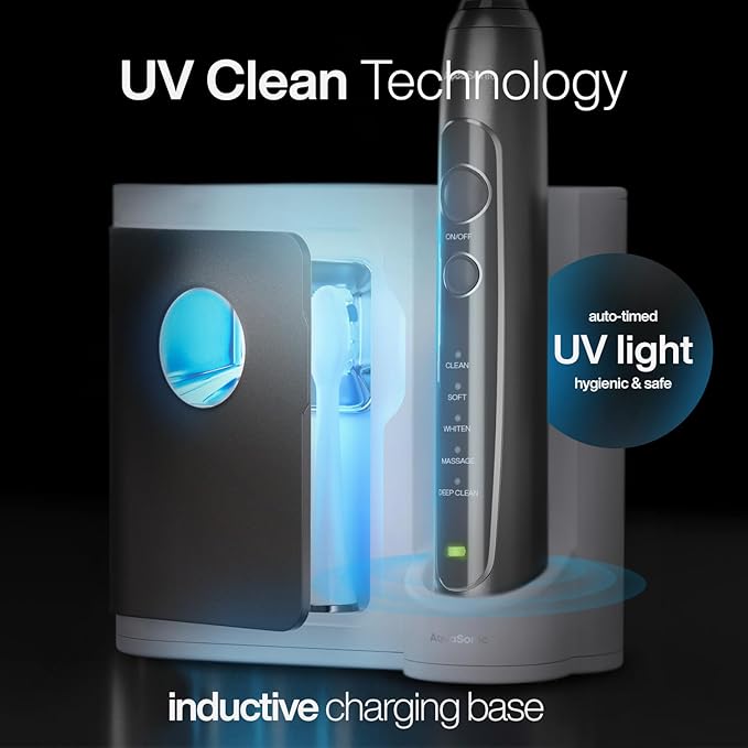 Aquasonic Vibe Series PRO – Ultra-Whitening Electric Toothbrush – 5 Modes & Smart Timers – UV Sanitizing Base – ADA Accepted (Charcoal Metallic)