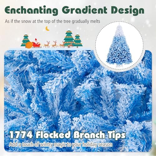 HAPPYGRILL 8 FT Pre-lit Flocked Christmas Tree Blue Hinged Xmas Tree with 1774 Branch Tips, 470 Warm White LED Lights & Folding Metal Stand, for Home Office Carnival