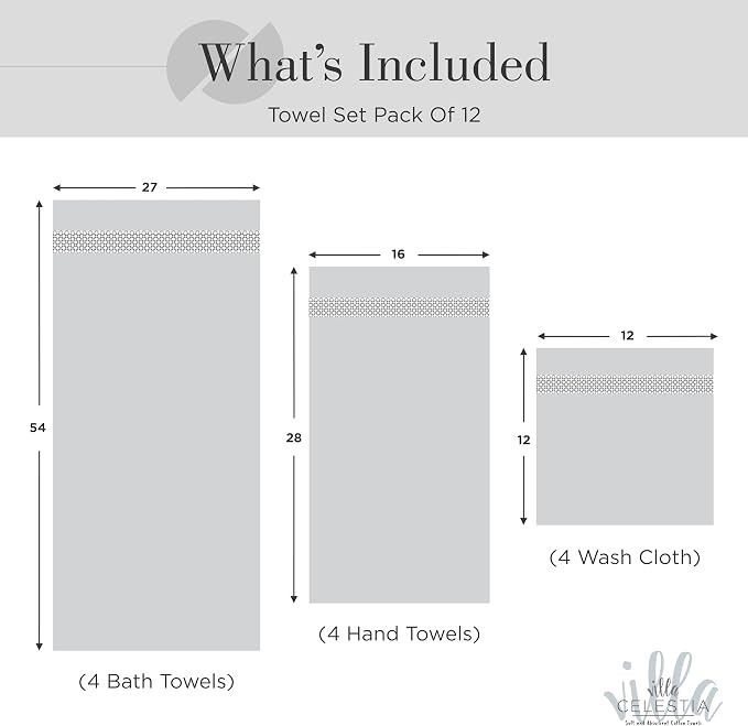 Villa Celestia 12-Piece 100% Cotton Towel Set, 4 Bath Towels, 4 Hand Towels, 4 Wash Cloth, Quick-Dry, White