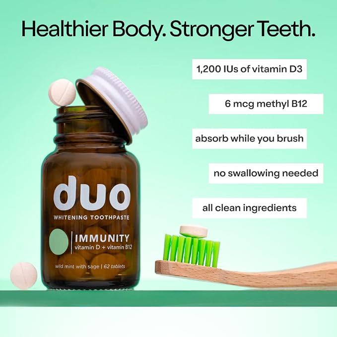 Duo Fluoride-Free Toothpaste Tablets with Nano-Hydroxyapatite, D3 & B12 | Fluoride-free toothpaste tablets, nano-hydroxyapatite, D3 & B12, wild mint and sage, mess-free travel oral care, 186 count