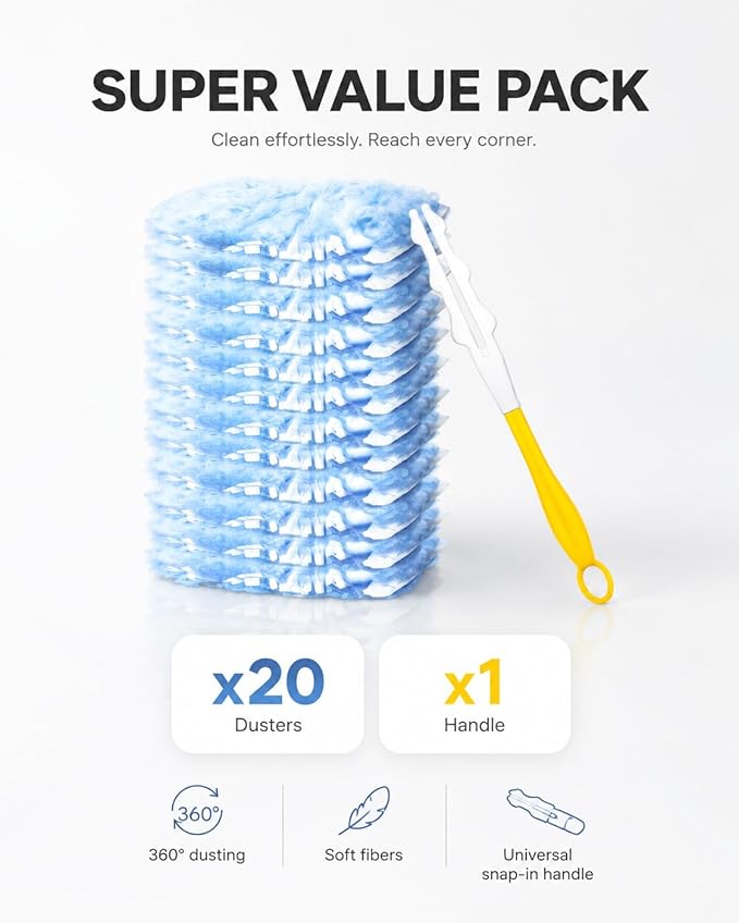 Heavy Duty Duster Refills Compatible with Swiffer Dusters, 20 Count Microfiber Dusting Refills with 1 Handle, 360° Disposable Multi Surface Dusters for Furniture, Blinds, Fans, Vents, Unscented