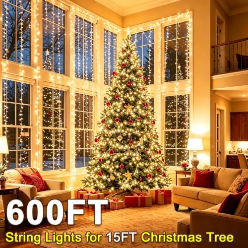 KNONEW 600ft 1500 LED Christmas String Lights Outdoor Green Wire 8 Modes & Timer Fairy Light Plug in Waterproof Patio Lights for Xmas Yard Tree Wedding Party Holiday Decorations (Warm White)