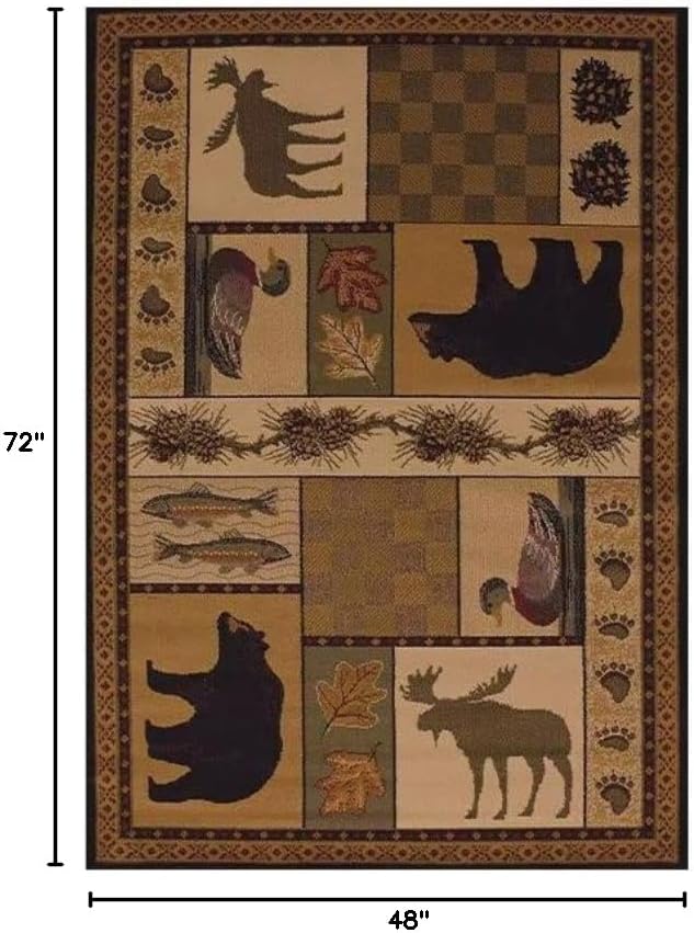 Rustic Cabin Deer Rugs 4x6ft Lodge Bear Fish Area Rug for Laundry Room Dining Room Under Table Non-Slip Wildlife Bear Moose Entryway Mat