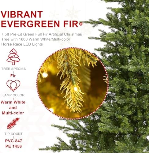Glitzhome 7.5ft Prelit Christmas Tree, Artificial Christmas Tree Realistic Full Christmas Tree Vibrant Evergreen Fir with 1600 Warm White/Multi-color Lights, 9 Function w/Foot Pedal and Remote Control
