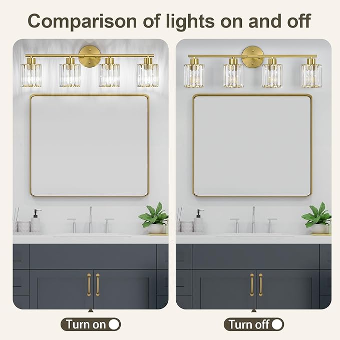 Crystal Bathroom Light Fixtures, Bathroom Lighting Fixtures Over Mirror, Modern 4-Light Gold Vanity Lights for Mirror, Restroom, Kitchen(Ceramic E26 Socket,Bulbs Not Include)
