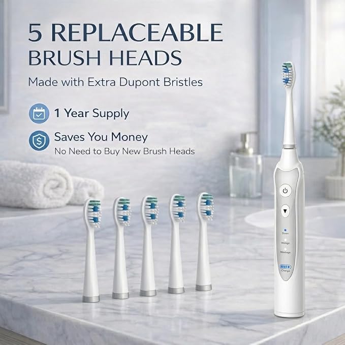 Sonic Electric Toothbrush for Adults, Rechargeable Power Toothbrush with 5 Replacement Heads, Travel Case, 3 Modes, 2 Minute Timer, IPX7 Waterproof Cordless Electric Toothbrush | White