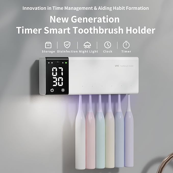 UV Toothbrush Holder Wall Mounted for Bathrooms | Smart Tooth Brush Sanitizer and Holder | Dual Toothbrush Stands | Sterilizer and Hot Air Drying | LED Clock Display, Motion Sensor, Bathroom Decor