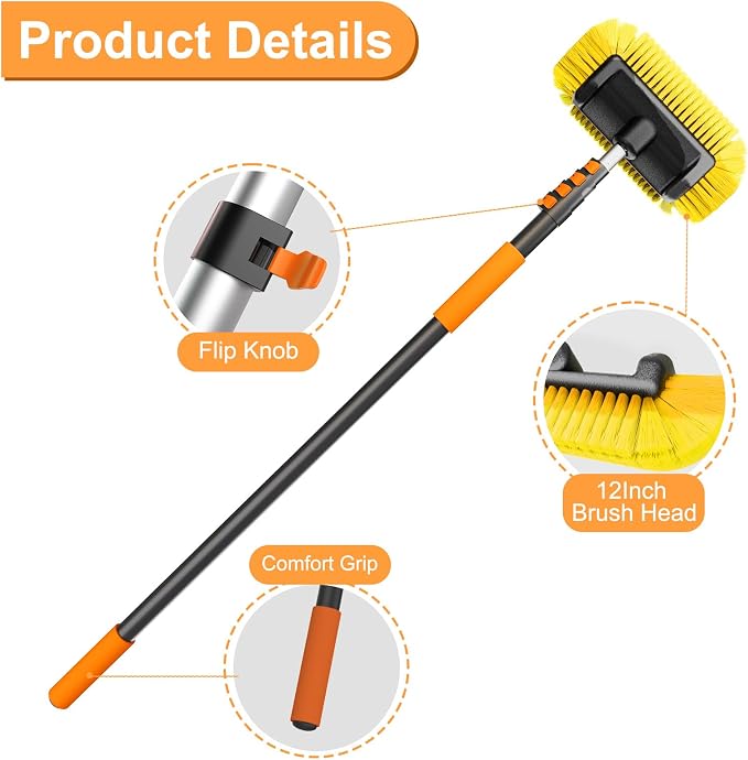 SISUPASSIE Car Wash Brush, 12FT Telescopic Car Wash Brush with Long Handle, 12-Inch Soft Bristle Car Cleaning Brush for Cleaning Car, RV, Truck, Boat, Solar Panels