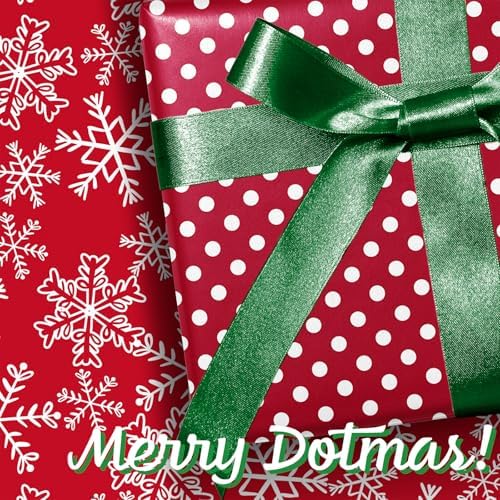 LaRibbons Reversible Christmas Wrapping Paper, White Dots Snowflakes on Red