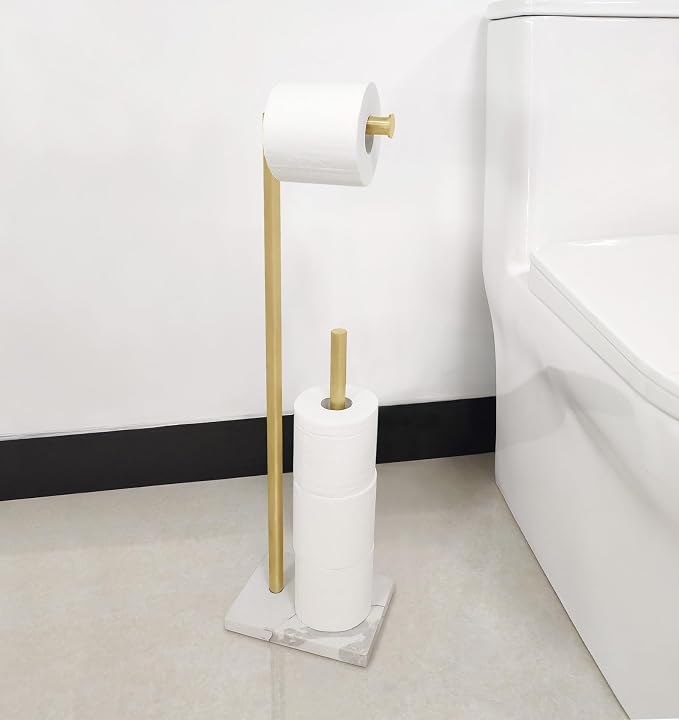 GZILA Toilet Paper Holder Stand Brushed Gold with Reserve, Marble Base Design, Free Standing Bathroom Tissue Roll Holder Freestanding, SUS304 Stainless Steel